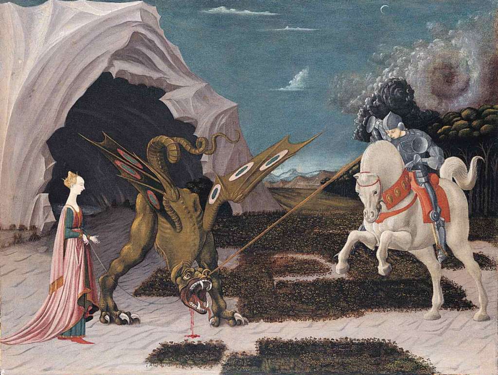 London National Gallery Top 20 03 Paolo Uccello - Saint George and the Dragon Paolo Uccello - St. George and the Dragon, about 1460, 56 x 74 cm. This picture shows two episodes from the story of St. George: his defeat of a plague-bearing dragon that had been terrorizing a city; and the rescued princess bringing the dragon to heel (with her belt as a leash). In the sky, a storm is gathering. The eye of the storm lines up with St. George's lance, suggesting that divine intervention has helped him to victory. Uccello uses the lance to emphasize the angle from which St. George attacks the dragon, helping to establish a three-dimensional space.